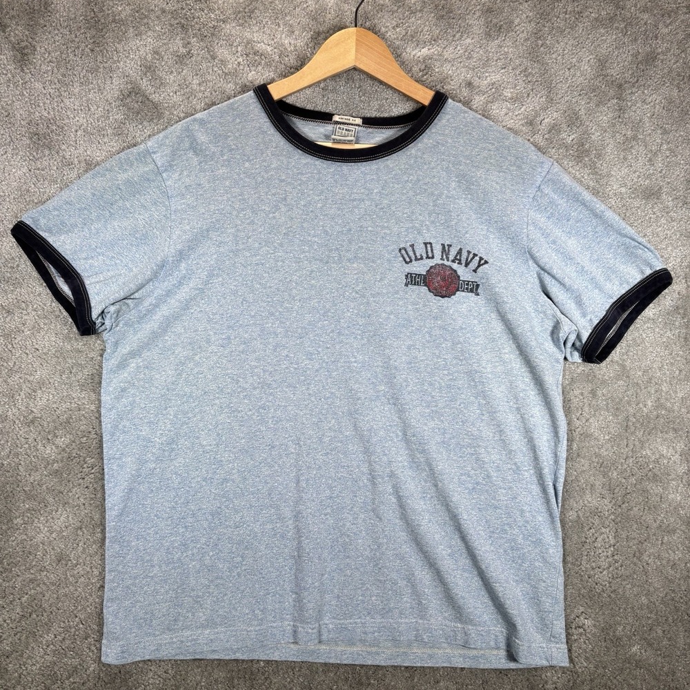 Vintage Old Navy T Shirt Mens L Blue Ringer Cotton Graphic Short Sleeve Gym Y2K